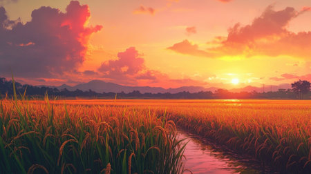 A tranquil scene featuring golden rice fields illuminated by a stunning sunset. The landscape reflects the beauty of nature and agriculture combined.の素材