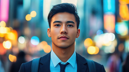 A confident young businessman stands prominently in a vibrant urban environment at night, illuminated by colorful city lights, showcasing modern professionalism.の素材