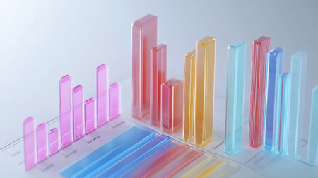 This image features colorful transparent bar graphs and charts, perfect for data visualization. Ideal for business presentations or creative design projects showcasing statistics and performance.の素材