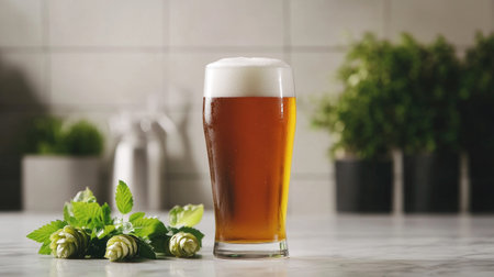 A refreshing glass of beer with frothy foam sits on a table, surrounded by hops and greenery. Perfect for showcasing relaxation and enjoyment.の素材
