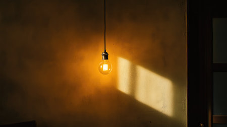 A simple light bulb glows warmly in a minimalist room, casting soft shadows on the wall. This serene setting creates a cozy atmosphere perfect for relaxation or inspiration.の素材