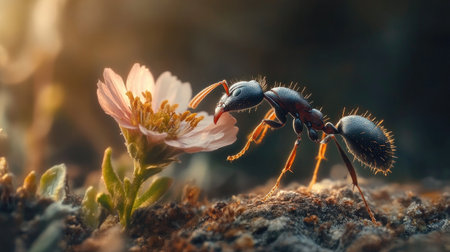 A macro view of an ant interacting with a delicate flower in a sunlit environment. This image captures the beauty of nature and the intricate details of life.の素材