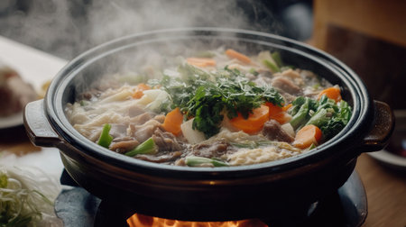 A delightful hot pot brimming with fresh vegetables and tender ingredients, perfect for a comforting, communal dining experience filled with warmth.の素材