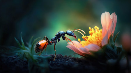 A detailed close-up of an ant exploring a vibrant flower, showcasing the delicate interaction between insect and plant in a rich, natural environment.の素材