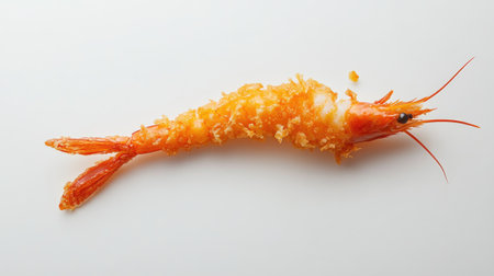 A crispy fried shrimp, perfectly cooked and golden, showcases its vibrant texture and color, ideal for a delicious seafood dish or appetizer.の素材