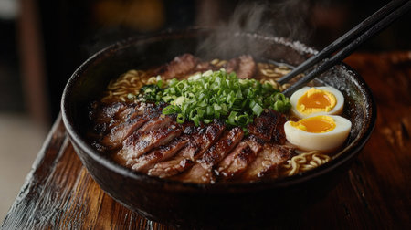A flavorful bowl of ramen featuring tender beef, soft boiled eggs, and fresh green onions. Perfect for a warming meal or culinary enjoyment.の素材
