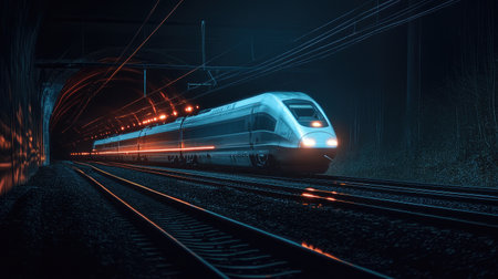 A sleek, futuristic train rushes through a dark tunnel, illuminated by vibrant lights, showcasing speed and technology in an atmospheric railway scene.の素材