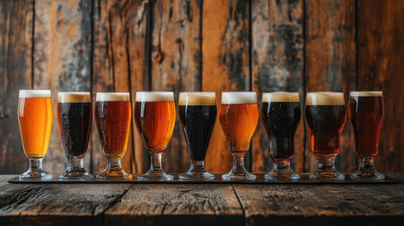A vibrant display of craft beers in various glasses showcasing a range of colors and styles, ideal for beer enthusiasts and tasting events.の素材