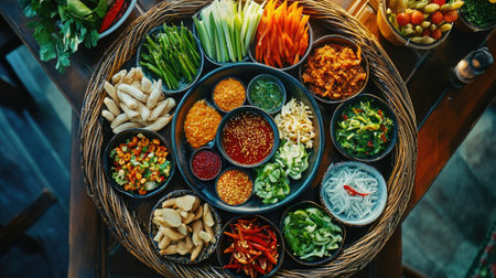A vibrant platter featuring an assortment of fresh vegetables and dips, perfect for sharing. Ideal for healthy meals, snacks, or gatherings.の素材