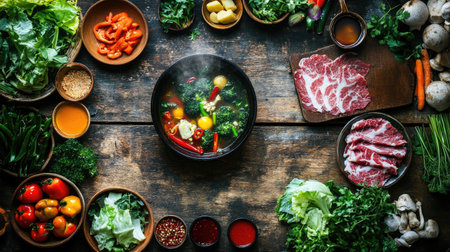 A vibrant arrangement of fresh vegetables, meat, and herbs around a pot, perfect for creating delicious soups and stews in a rustic kitchen setting.の素材