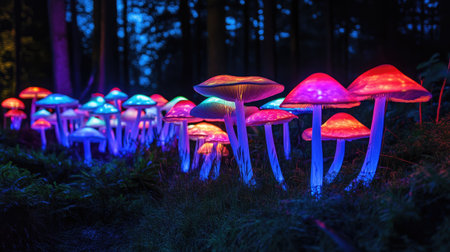 A captivating scene of glowing mushrooms in a dark forest, showcasing vibrant colors under the night sky. Perfect for fantasy and nature-themed projects.の素材