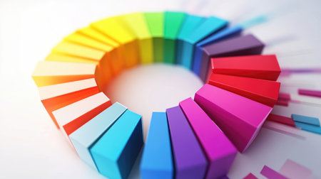 This vibrant circular arrangement of colorful geometric shapes creates a lively and energetic visual. Perfect for design, art, or creativity projects.の素材