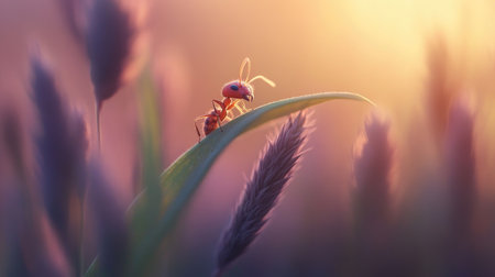 Close-up view of an ant resting on a leaf during sunset. The warm, soft light creates a tranquil atmosphere, highlighting the beauty of nature and the intricate details of the insect.の素材