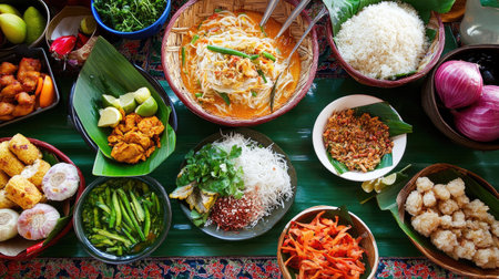 Explore a vibrant spread of traditional Thai cuisine, featuring an array of colorful dishes, fresh ingredients, and aromatic flavors that celebrate culinary heritage.の素材