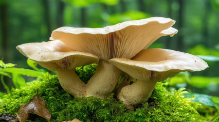 A trio of soft mushrooms emerges from vibrant green moss in a tranquil forest setting, showcasing the beauty and delicate textures of nature.の素材