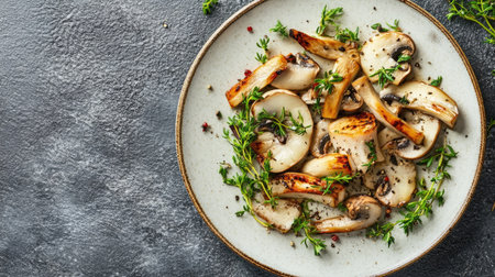 A delectable plate of grilled mushrooms garnished with fresh herbs, showcasing vibrant textures and flavors perfect for any culinary delight or meal presentation.の素材