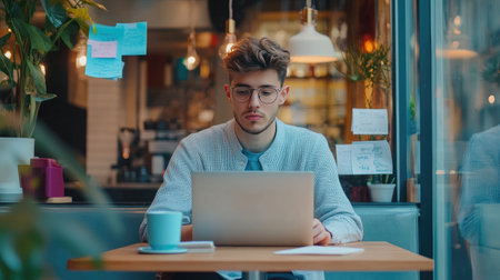 A young man works intently on his laptop in a cozy cafの素材