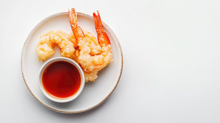 Enjoy a delicious plate of crispy shrimp served with a savory dipping sauce, perfect as an appetizer or snack for seafood lovers.の素材