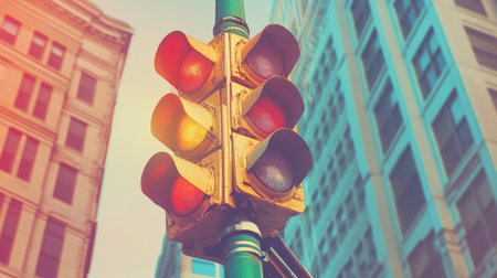 A vintage traffic light stands tall amidst urban architecture, featuring bright red, yellow, and green lights. The city backdrop adds vibrancy to traffic management themes.の素材