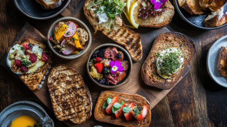 A vibrant assortment of gourmet toast displayed on a wooden platter, showcasing fresh ingredients like berries, herbs, and vegetables, perfect for brunch.の素材