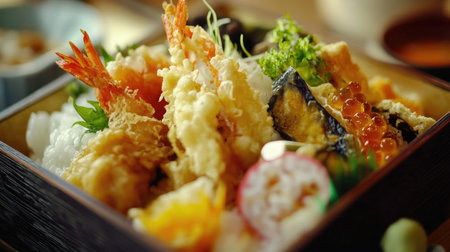 Enjoy a vibrant assortment of tempura and sushi, showcasing fresh seafood and garnishes. Ideal for foodies and lovers of Japanese cuisine.の素材