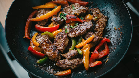 Enjoy a vibrant scene of sizzling beef and colorful peppers in a frying pan, perfect for illustrating meals, cooking techniques, and fresh ingredients.の素材