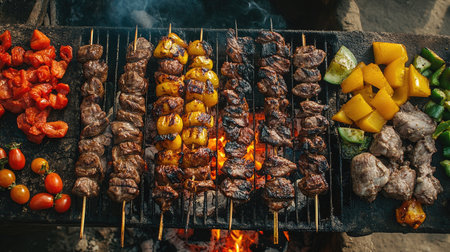 A vibrant display of grilled skewers with various meats and fresh vegetables, showcasing the joy of outdoor cooking and flavorful summer meals.の素材