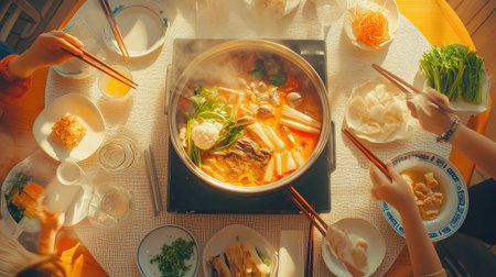 A delightful hot pot meal featuring friends gathered around a steaming pot. The table is filled with fresh ingredients, showcasing an enjoyable dining experience.の素材