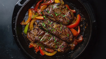 A deliciously cooked steak served with colorful bell peppers in a sizzling pan, perfect for any dinner gathering or gourmet meal preparation.の素材
