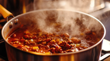A steaming pot of homemade stew bubbling on the stove, showcasing rich ingredients and aroma. Perfect for food lovers and culinary enthusiasts.の素材