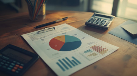 Business analysis report featuring charts and graphs on a wooden desk. The image includes a calculator and stationery, ideal for office use.の素材