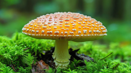 A stunning orange mushroom stands prominently amidst lush green moss in a tranquil forest setting, showcasing the beauty of nature and fungi.の素材