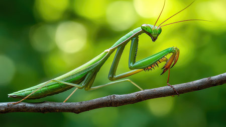 A striking green praying mantis perched on a branch against a blurred natural background. This detailed macro shot highlights the insect's fascinating form and vibrant color.の素材