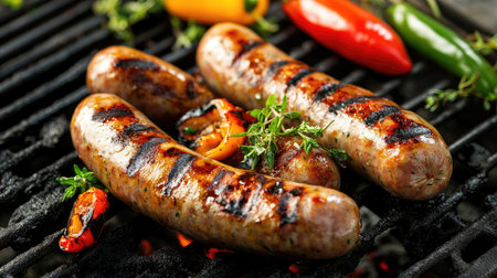 Juicy sausages grilled to perfection, showcasing vibrant colors and rich textures. Ideal for summer cookouts or outdoor gatherings, these savory delights evoke a sense of fun and flavor.の素材