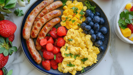 A vibrant breakfast plate featuring grilled sausages, fluffy scrambled eggs, and a medley of fresh berries and mango, perfect for a healthy start.の素材