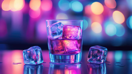 A vibrant and colorful image of ice cubes in a glass with a reflective surface. The background features colorful bokeh lights, creating a lively atmosphere.の素材