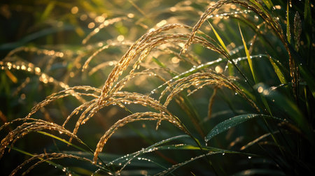 Close-up view of golden grains illuminated by soft morning light, surrounded by water droplets. A serene depiction of agricultural beauty and growth.の素材