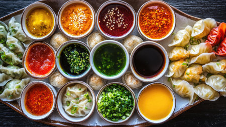 A vibrant spread of dumplings paired with a variety of dipping sauces, showcasing a delightful culinary experience perfect for sharing or enjoying alone.の素材