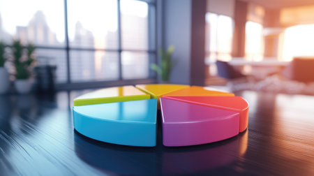 A vibrant pie chart rests on a sleek office table, showcasing colorful segments. Perfect for illustrating business data, analysis, and creative presentations.の素材