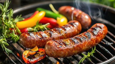 Juicy sausages sizzle on a barbecue grill surrounded by vibrant peppers. The smoky aroma and charred texture create a perfect outdoor cooking scene.の素材