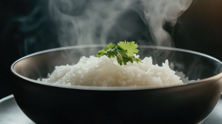 A steaming bowl of freshly cooked rice garnished with fragrant herbs. The image captures the essence of comfort food, perfect for culinary dishes.の素材