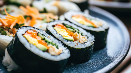 Close-up of fresh sushi rolls featuring vibrant ingredients on a dark plate. Perfect for food lovers seeking delicious Japanese cuisine and culinary inspiration.の素材