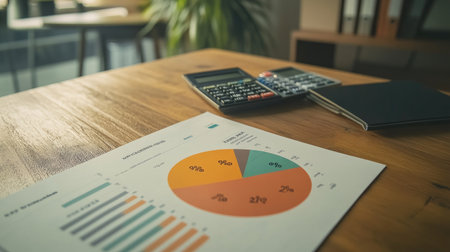 A business analysis report featuring colorful financial charts on a wooden table, complemented by a calculator and notepad in an office setting.の素材