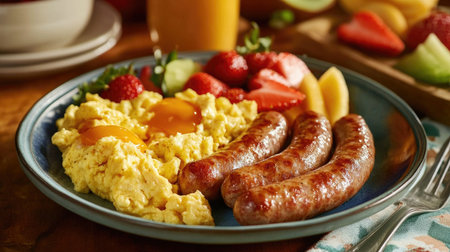 A vibrant breakfast plate featuring fluffy scrambled eggs, savory sausages, and a side of fresh fruit. Perfect for a hearty morning meal or brunch.の素材