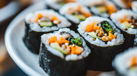 A vibrant display of delicious sushi rolls arranged on a plate, showcasing an assortment of fresh ingredients and flavors, perfect for food lovers.の素材