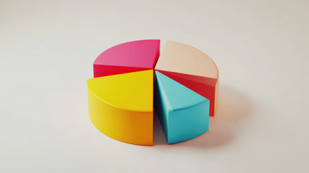 Vibrant pie chart segments in various colors arranged on a soft background. Ideal for presentations, infographics, or educational materials about data visualization.の素材