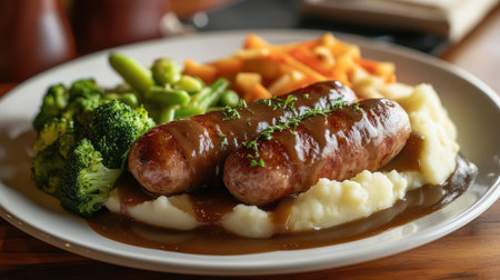 A mouthwatering plate of sausage with rich gravy served alongside fresh vegetables and creamy mashed potatoes, perfect for a hearty meal.の素材
