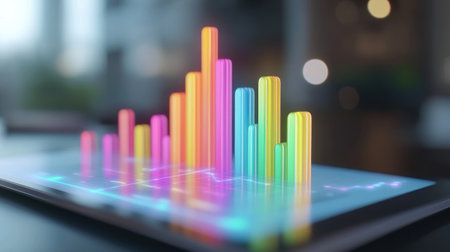A vibrant data visualization displayed on a digital screen, showcasing colorful bar graphs and statistics that represent growth and trends in modern business analytics.の素材