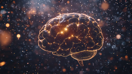 A mesmerizing image of a glowing brain surrounded by sparkles. This abstract visual represents creativity, knowledge, and the mysteries of human thought.の素材