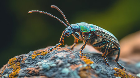 A stunning close-up of a vibrant beetle perched on a rock, showcasing intricate details of its body and antennae. Captures the beauty of nature.の素材